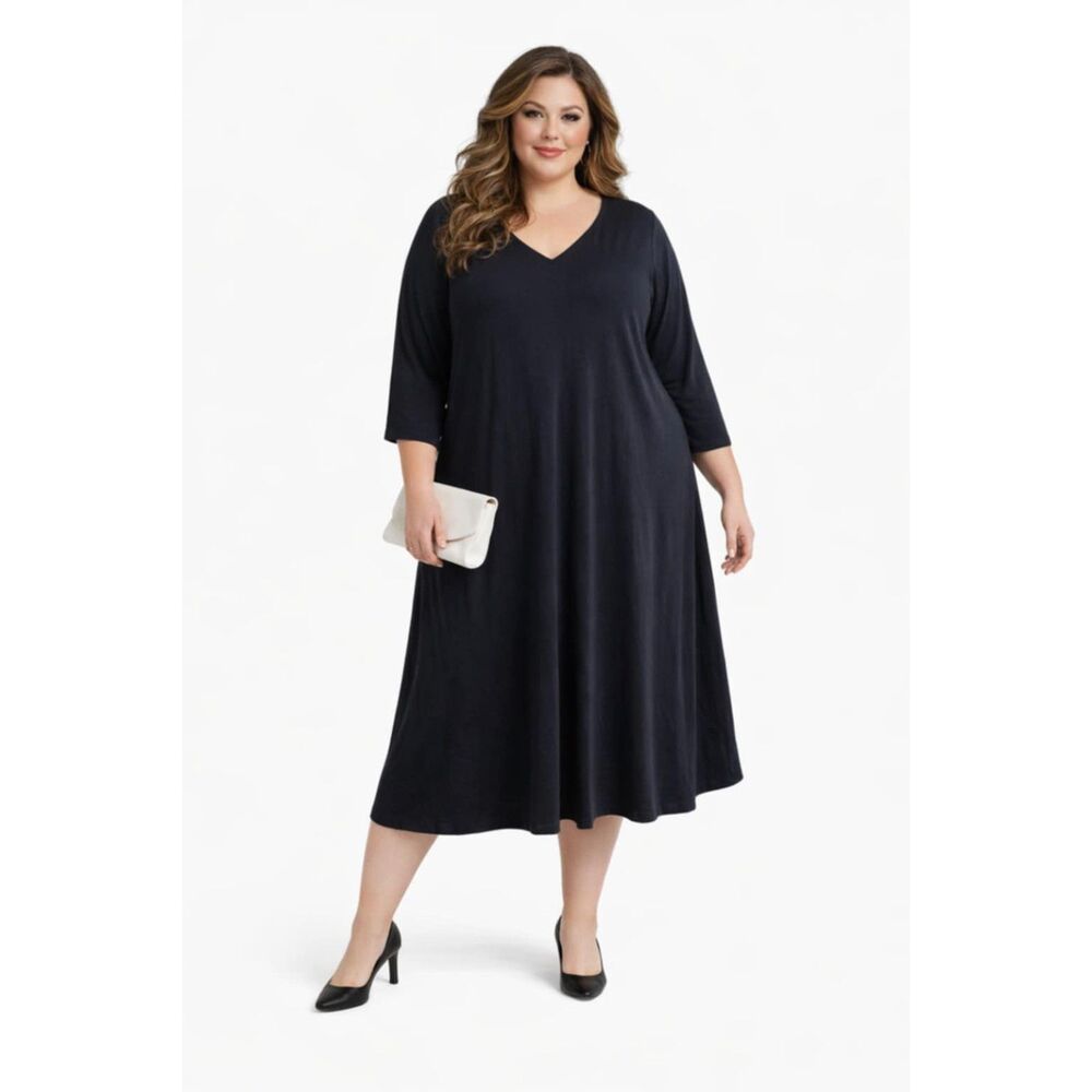 Roaman's Black Dress V Neck Fit Flare Back Long Sleeve Women's WOMAN'S 22